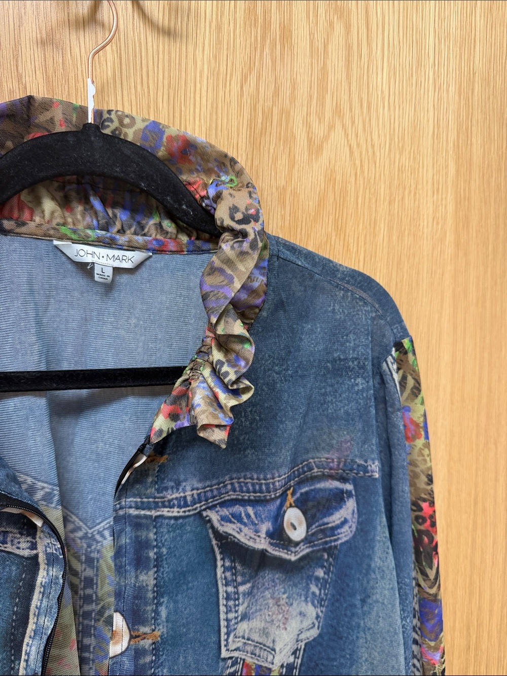 John Mark MESH Sheer Blue Denim PRINTED Jacket with Multicolor Floral Trim - Picture 13 of 14